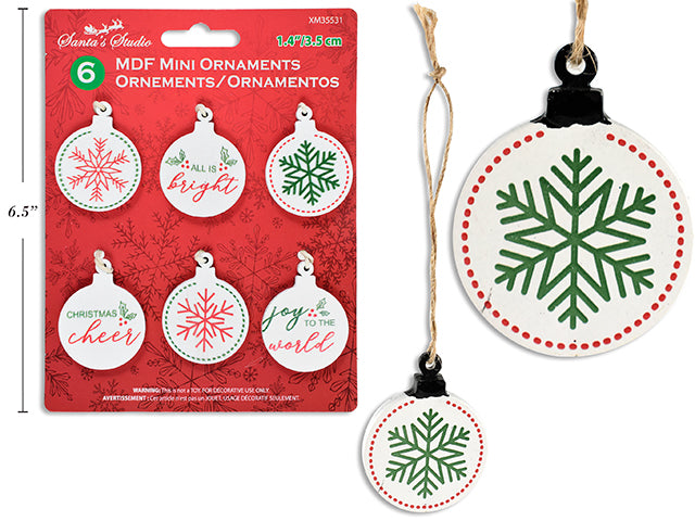 Carton of 24 6Pk 1-3/8In Xmas Mdf Printed Mini Ornament W/Jute Hanger. 6 Asst,Styles. T.O.C.