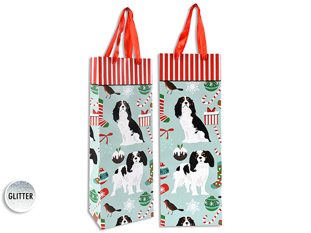 Carton of 12 Xmas Matte W/Glitter Dog Giftbag - Bottle W/Red Satin Handle. J-Hook.