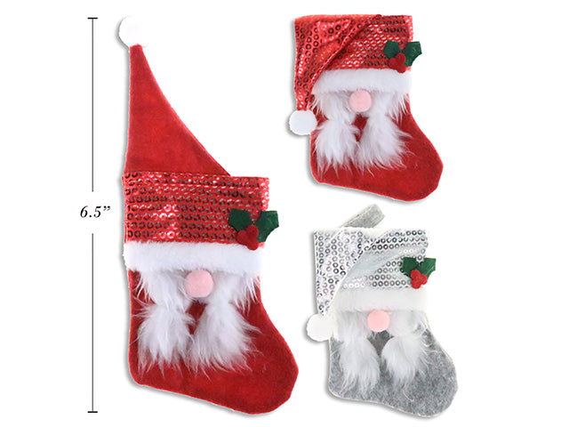 Carton of 12 6.5In Xmas Felt Plush Santa Stocking W/Foil Santa Hat Cuff. 2 Cols / 2 Asst.Styles. Cht.