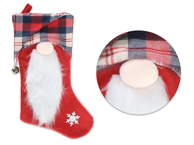 Carton of 12 16.5In Xmas Fel Gnome Stocking W/Fur Beard + Plaid Cuff. Cht.