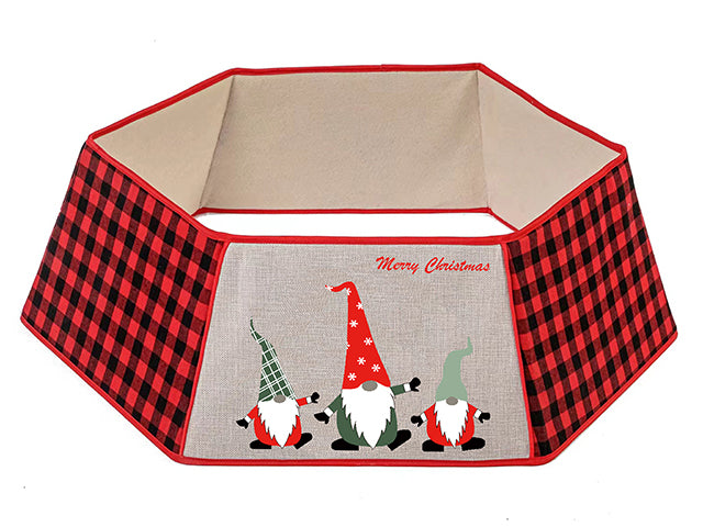 Carton of 12 15.75In X 9.75In Xmas Gnome W/ Buffalo Plaid Tree 6-Section Foldable Tree Collar. H/C.