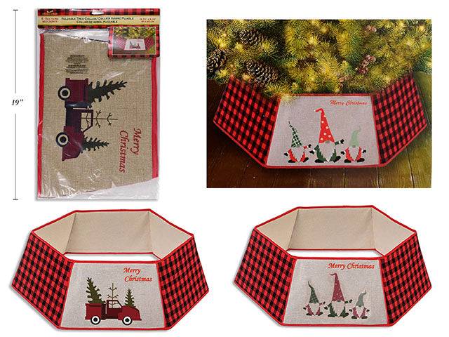 Carton of 12 15.75In X 9.75In Xmas Vintage Truck W/ Buffalo Plaid 6-Section Foldable Tree Collar. H/C.