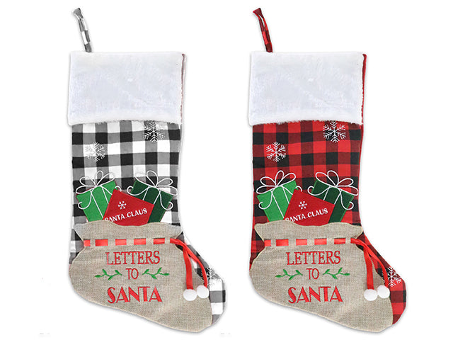 Carton of 12 18In Xmas Felt Buffalo Plaid Stocking W/ Embroidered Gift Sack + White Cuff. 2 Cols. Cht.