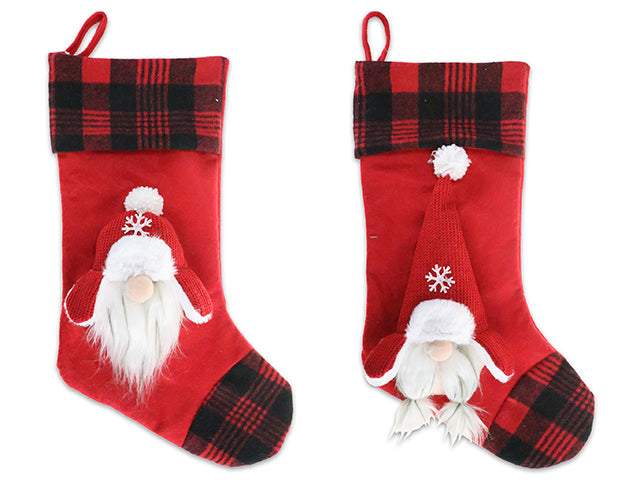 Carton of 12 20In Xmas Red Plush Gnome Stocking W/Buffalo Plaid Fold Over Cuff. 2 Asst. Styles. J-Hook. Cht.