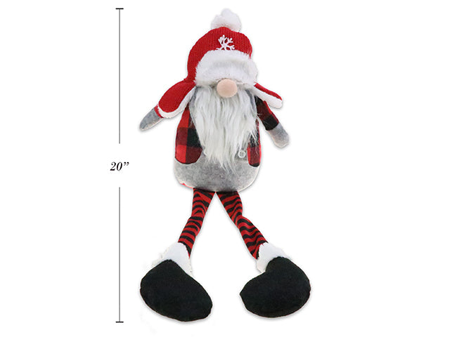 Carton of 4 20In Xmas Red & Black Buffalo Plaid Long Legged Plush Sitting Gnome. 2 Asst. Styles. J-Hook. Cht.