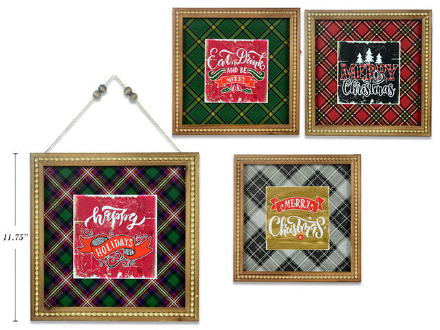 Carton of 12 11.75In Xmas Square Plaid Mdf Beaded Frame Plaque. Jute Hanger W/ 4 Beads. 4 Asst. Styles. Cht.