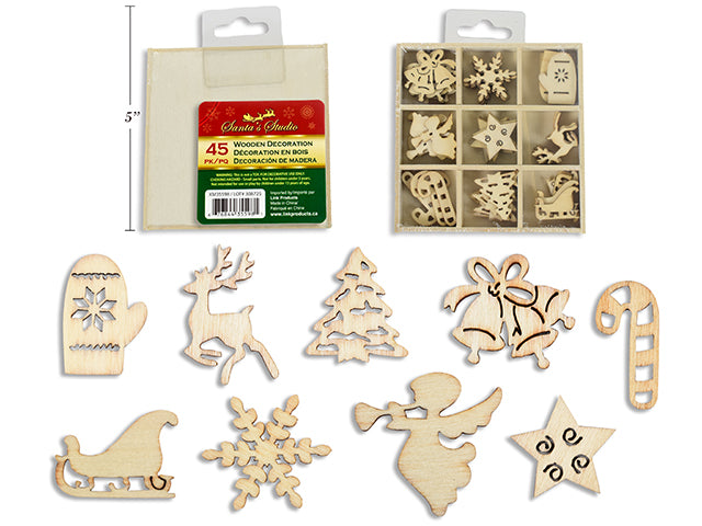 Carton of 24 Christmas Die Cut Wooden Decor In Wooden Box