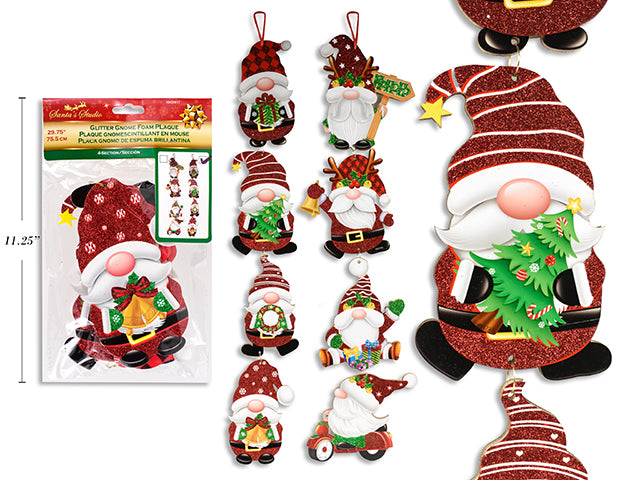 Carton of 24 29.75In Xmas 4-Section Hanging Glitter Gnome Foam Plaque W.Jingle Bell. 2 Asst.Styles. Pbh.