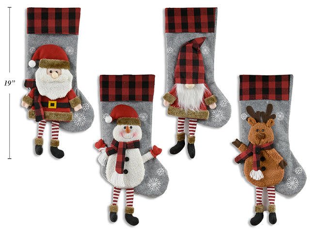 Carton of 12 19In Xmas Felt 3D Character Stocking W/Buffalo Plaid Fold Over Cuff. 4 Asst.Styles. Cht.