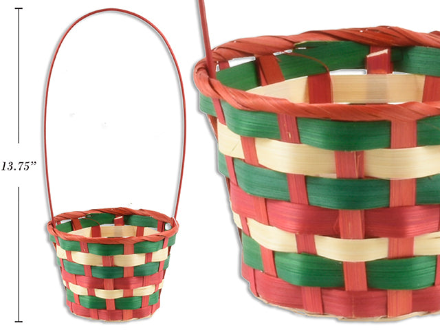 Carton of 24 5-1/8in(D) x 3.5in(H) Xmas Candy Cane Bamboo Basket w/Handle. 13.75in(H) w/Handle. Cht.