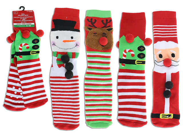 Carton of 24 14.17in Ladies Stripped Xmas Insulated Non-Slip Socks w/Pom Poms. One Size. 4 Asst. J-hook w/ h/c.