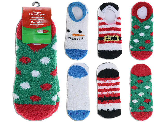 Carton of 24 Ladies 9in Non-Slip Xmas Cozy Slipper Socks. One Size. 3 Asst.Styles. J-hook w/Header.