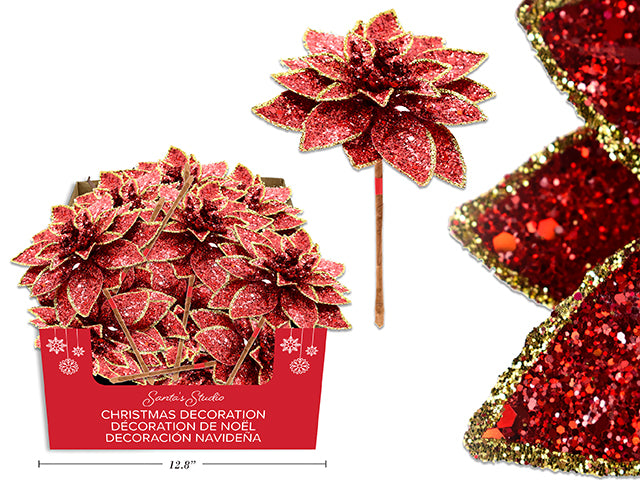 Carton of 24 7.28in Red Poinsettia Pick w/Glitter. Gold Glitter Border. 24/Dsp. LBL