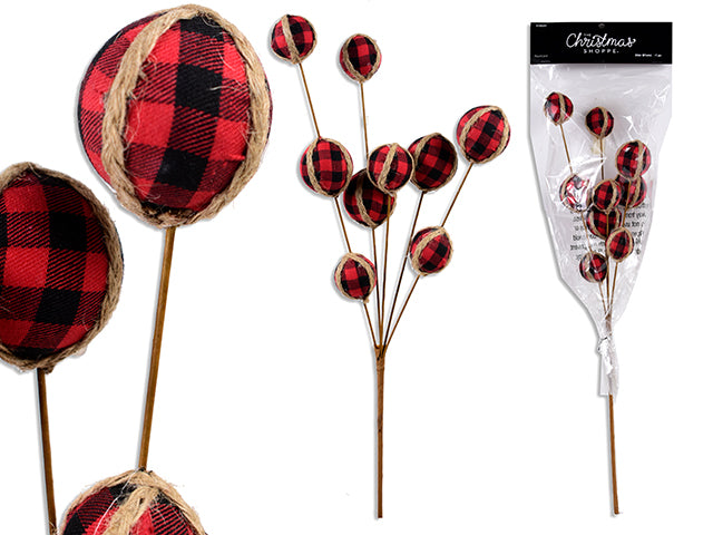 Carton of 12 24in 5-Stem Burlap Wrapped Buffalo Plaid Ball Pick. Incl: 9x Balls. Pbh.