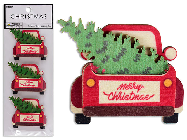 Carton of 24 3pk 2.05in x 1.81in Xmas 2-Layered Wooden Truck Decor Sticker. Polybag w/Insert.