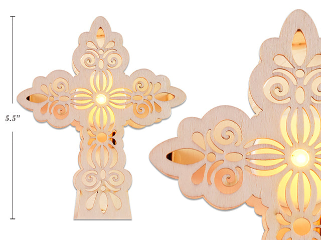 Carton of 24 4.5in(W)x5.5in(L)Xmas B/O LED 2- Layered Die-Cut Wooden Cross Decor Light-Up Candle. Cht.