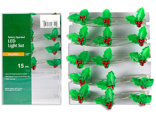 Carton of 12 15pk 5ft B/O LED Xmas Holly Berry Leaves Stringlight. Warm White. PVC Box w/Insert.