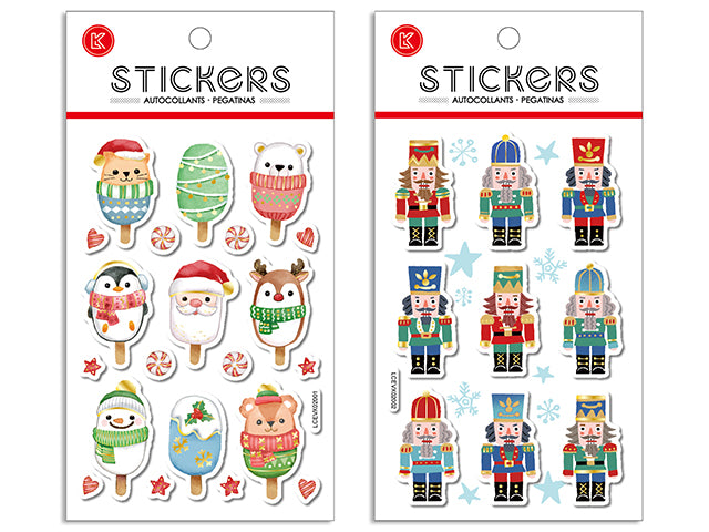 Carton of 24 Xmas EVA Foam Laser Holographic Stickers. 2 Asst.: 9pcs Nutcracker / 21pcs Icre Cream. Pbh.