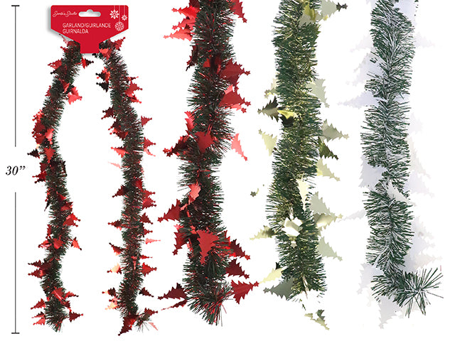 Carton of 24 6.56ft x 4ply Xmas Tinsel Garland w/Die-cut Tree. 2.75in Tips. 3 Asst. Fold Over h/c.