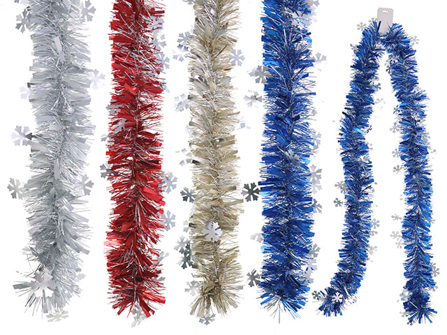 Carton of 24 6.56ft x 5ply Xmas 2-Tone Chunky Snowflake Matte Tinsel Garland. 3.94in Tips.4 Asst. Fold Over h/c.