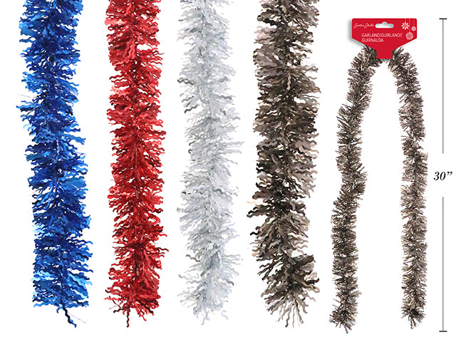 Carton of 24 6.56ft x 4ply Xmas Die-Cut Wavy Tinsel Garland 3.54in Tips. 4 Asst. Fold Over h/c.