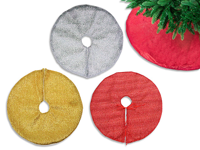 Carton of 12 48in Xmas Tinsel Tree Skirt w/Liner. 3 Asst.Colours: Red/Silver/Gold. h/c.