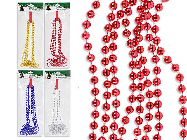 Carton of 24 9ft Xmas Beaded Garland. 6mm (D). 4 Asst: Gold / Red / Blue / Silver. Pbh.