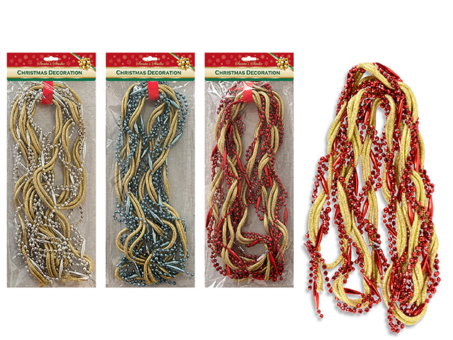 Carton of 24 6ft Xmas 5-Strands Twisted Rope/Beaded Garland. 3 Asst.: Red/Gold + Blue/Gold + Gold/White. Pbh.