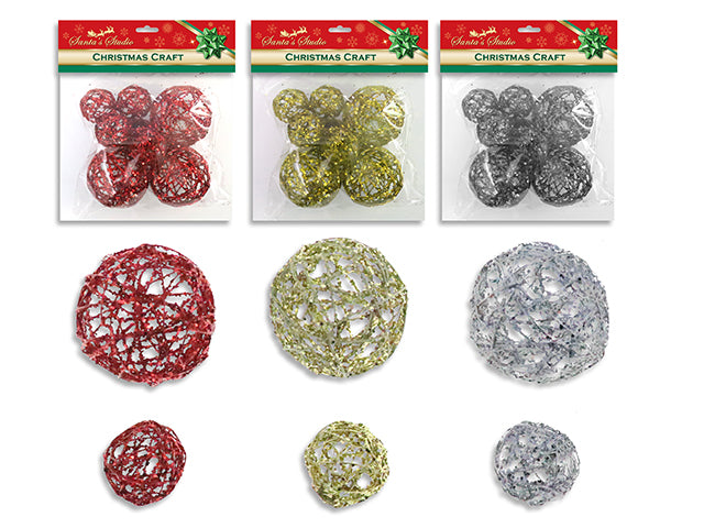 Carton of 24 8pk Xmas Glitter Filigree Balls. Incl:3x 50mm Large+5x 30mm Small. 3 Asst: Red/Silver/Gold. Pbh.