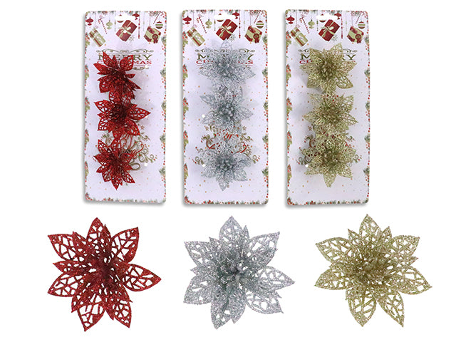 Carton of 24 3pk 3.15in Xmas 2-Layer Glitter Poinsettia Clip. 3 Asst: Red/ Gold/ Silver. Toc.