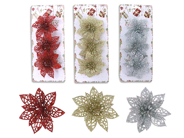 Carton of 24 3pk 3.94in Xmas 2-Layer Glitter Poinsettia Clip. 3 Asst: Red/ Gold/ Silver. Toc.