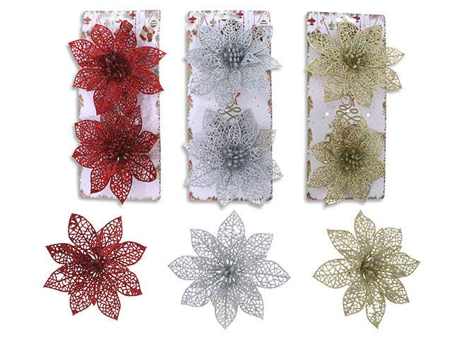 Carton of 24 2pk 5.12in Xmas 2-Layer Glitter Poinsettia Clip. 3 Asst: Red/ Gold/ Silver. Toc.