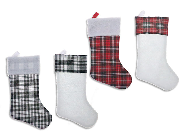 Carton of 24 18in Xmas Sherpa Wool Plaid Stocking.7.25in Fold Over Cuff. 2 Asst.Styles x 2 Cols. J-Hook w/Cht.