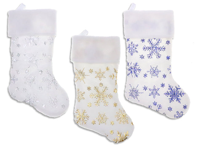 Carton of 24 18in Xmas White Plush w/Foil Hot Stamp Snowflake Stocking. 7.5in (W). 3 Asst Colours. J-Hook w/Cht.