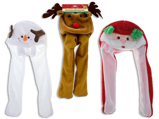 Carton of 12 22in Xmas Dancing Ear Plush Hat. 3 Asst.: Santa/ Snowman/ Reindeer. Fold Over h/c.