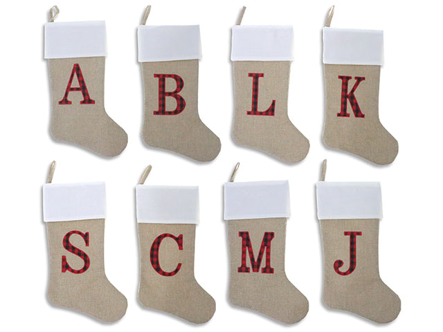 Carton of 24 20in Burlap Embroidiered Buffalo Plaid Monogram Stocking. 8.5in (W). 8 Asst. J-Hook w/Cht.