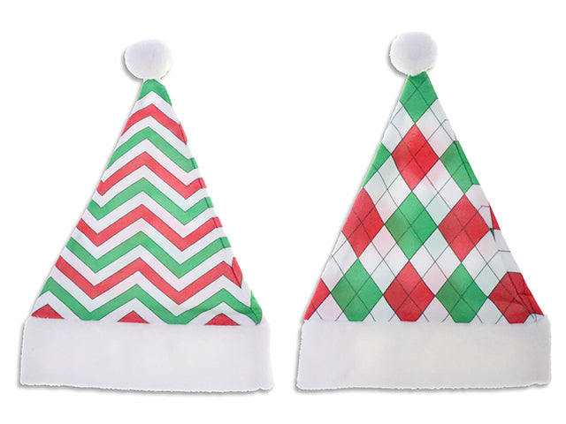 Carton of 24 17in x 11.75in Xmas Chevron / Argyle Print Santa Hat w/3in Plush Cuff. J-Hook w/Cht.