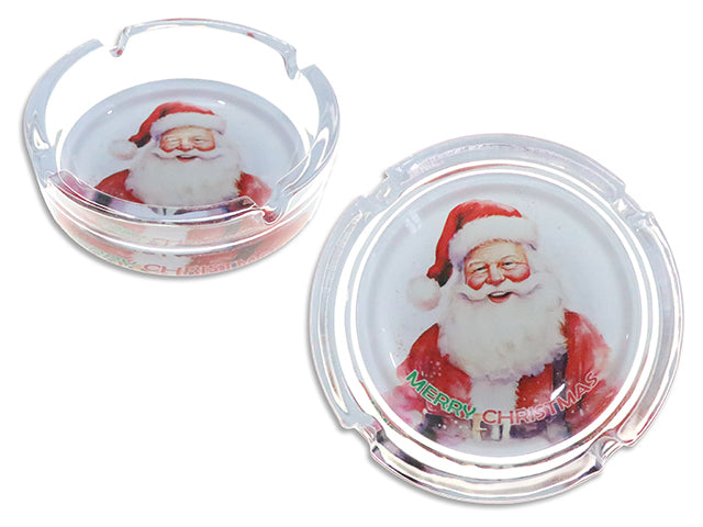 Carton of 24 4-1/4in(D) x 1-3/8in(H) Xmas Santa Clear Glass Ashtray. Colour Label.