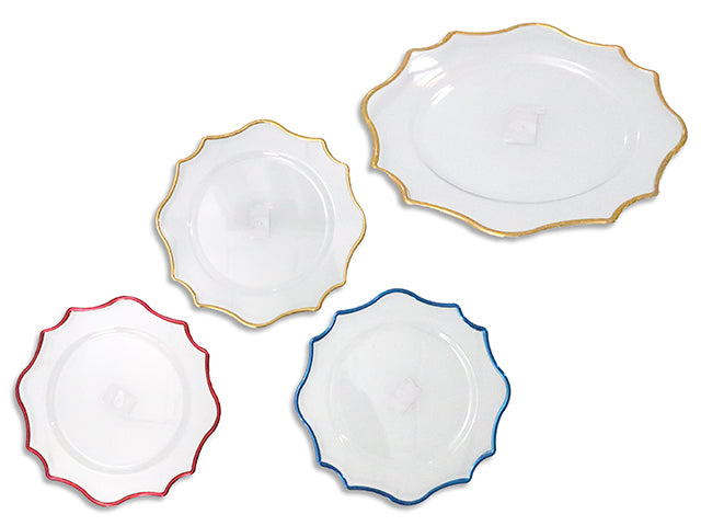 Carton of 24 12-7/8in Xmas Crystal Charger Plate w/ Metallic Wavy Border. 3 Asst: Red / Blue / Gold. Col Label