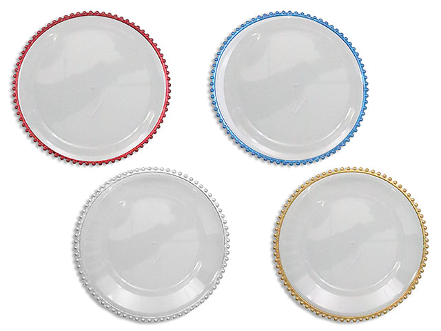 Carton of 24 12-5/8in Xmas Crystal Charger Plate w/ Metallic Beaded Border. 4 Asst: Blue/Gold/Red /Silver. LBL.