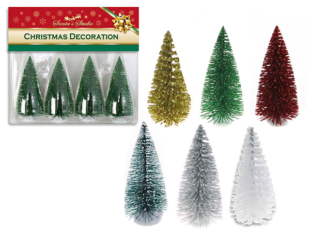 Carton of 24 4pk 3-7/8in x 1-5/8in Xmas Snow Tipped / Glitter Bottle Brush Tree.6 Asst.Colours. Clam Shell.