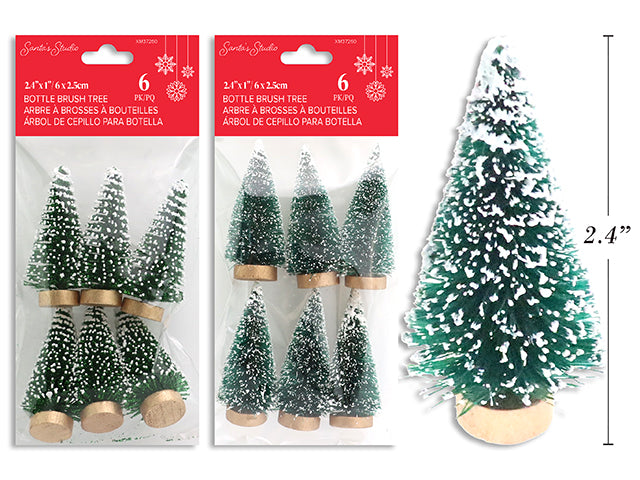 Carton of 24 6pk 2.4in Xmas Snow Tipped Bottle Brush Tree w/ Wooden Base. 2 Asst. Pbh.