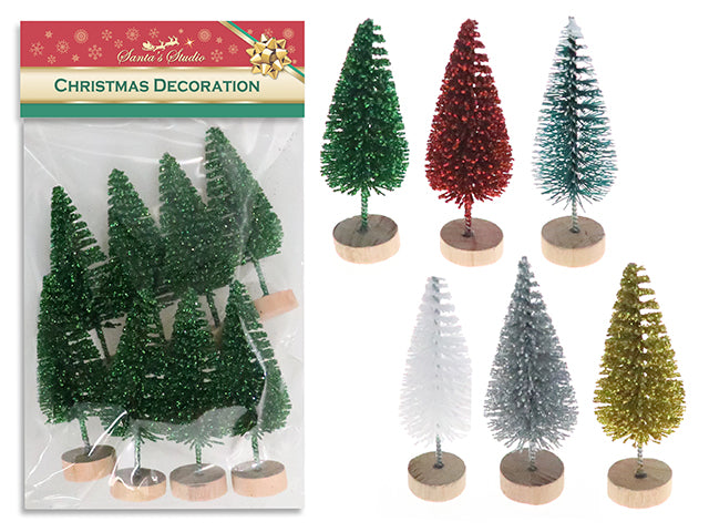 Carton of 24 6pk 2.5in x 7/8in Xmas Mini Snow Tipped / Glitter Bottle Bursh Tree. 6 Asst.Colours. Pbh.