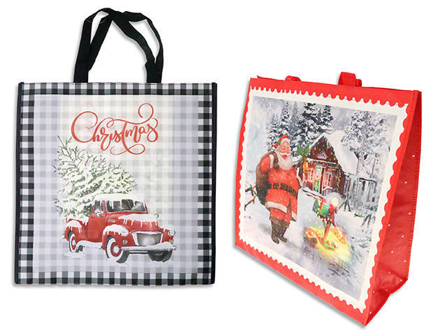 Carton of 24 17.7in x 17.7in Xmas Coated Non-Woven Bag w/ Coloured Piping. 7.87in Gusset. 2 Asst. Cht.