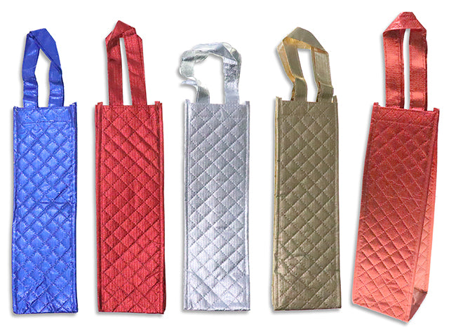 Carton of 24 Xmas Quilted Look Non-Woven Bottle Bag. 4 Asst.Colours: Silver / Gold / Blue / Red. Cht.