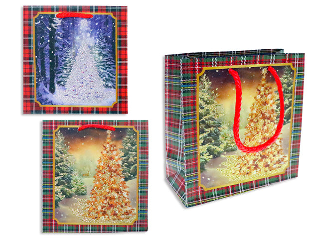 Carton of 24 Xmas Glitter Tree Scene Matte Gift Bag w/ Plaid Border - Small. 2 Asst. Rope Handle. J-hook.