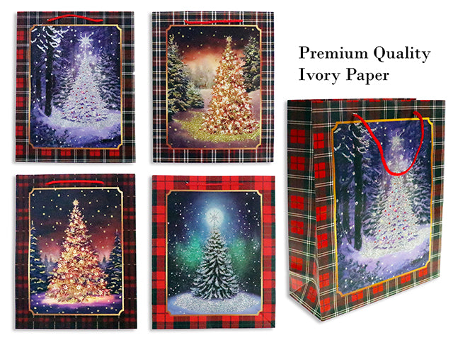 Carton of 24 Xmas Glitter Tree Premium Matte Gift Bag w/ Plaid Border - Large. 4 Asst. Rope Handle. J-hook.