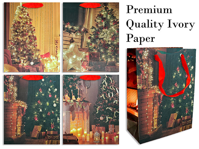 Carton of 24 Xmas Gnome w/Tree Scene Premium Matte Gift Bag w/Glitter - Medium. 4 Asst. Satin Handle. J-Hook.