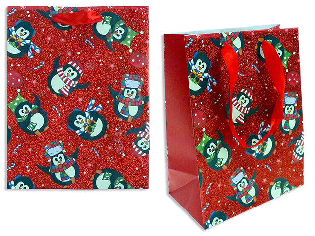 Carton of 24 Xmas Penguin Matte Gift Bag w/Red/White Glitter - Large. Satin Ribbon Handle. J-Hook.