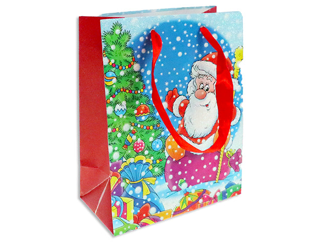 Carton of 24 Xmas Cartoon Santa Matte Gift Bag w/Glitter - Medium. 2 Asst. Satin Ribbon Handle. J-Hook.